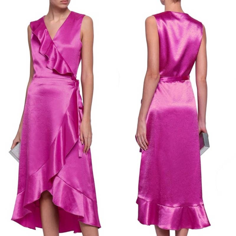 Ripple Ruffle Detail Satin Wrap Dress